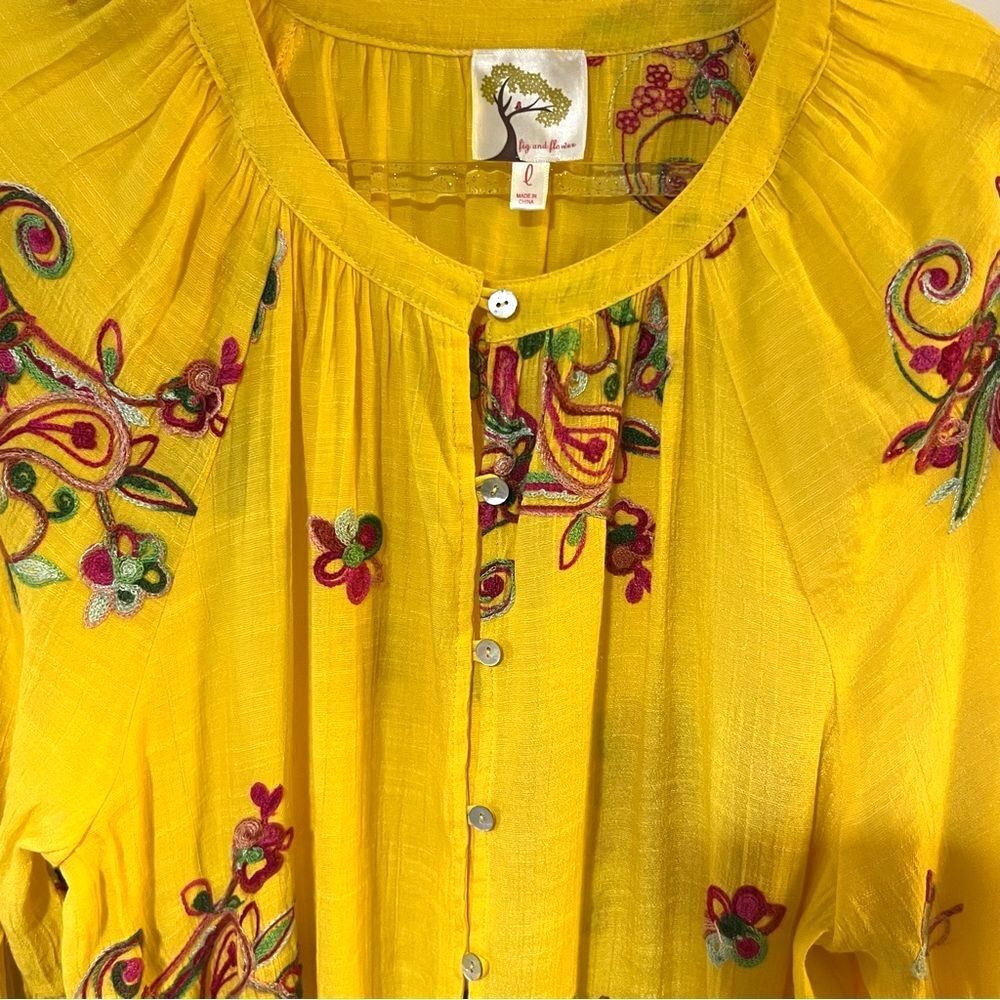 fig & flower Womens Embroidered Floral Peasant Top Sz L Boho Loose Flowy - Picture 2 of 10